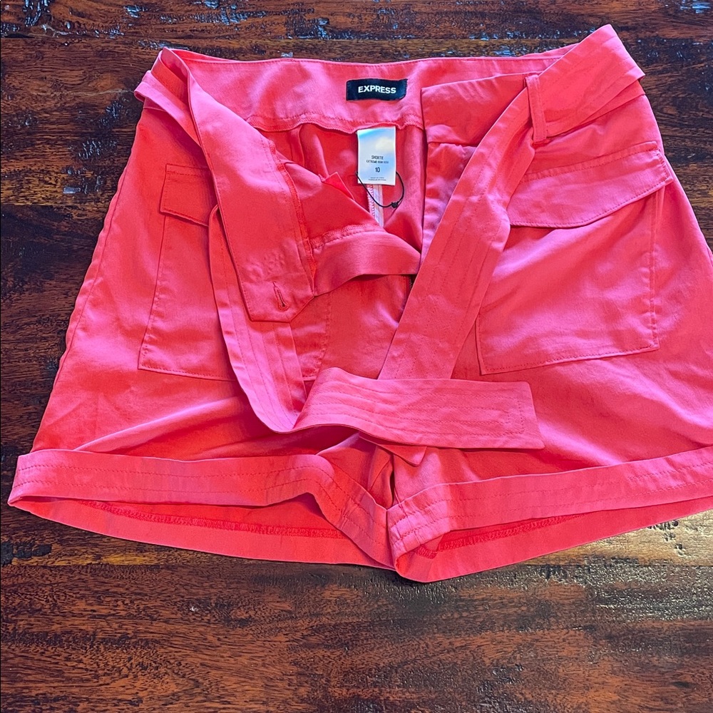 Express Vibrant Coral Belted Shorts